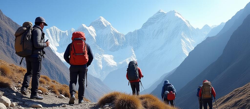 Trekkers using GPS and navigation equipment at Everest Base Camp trail in Nepal